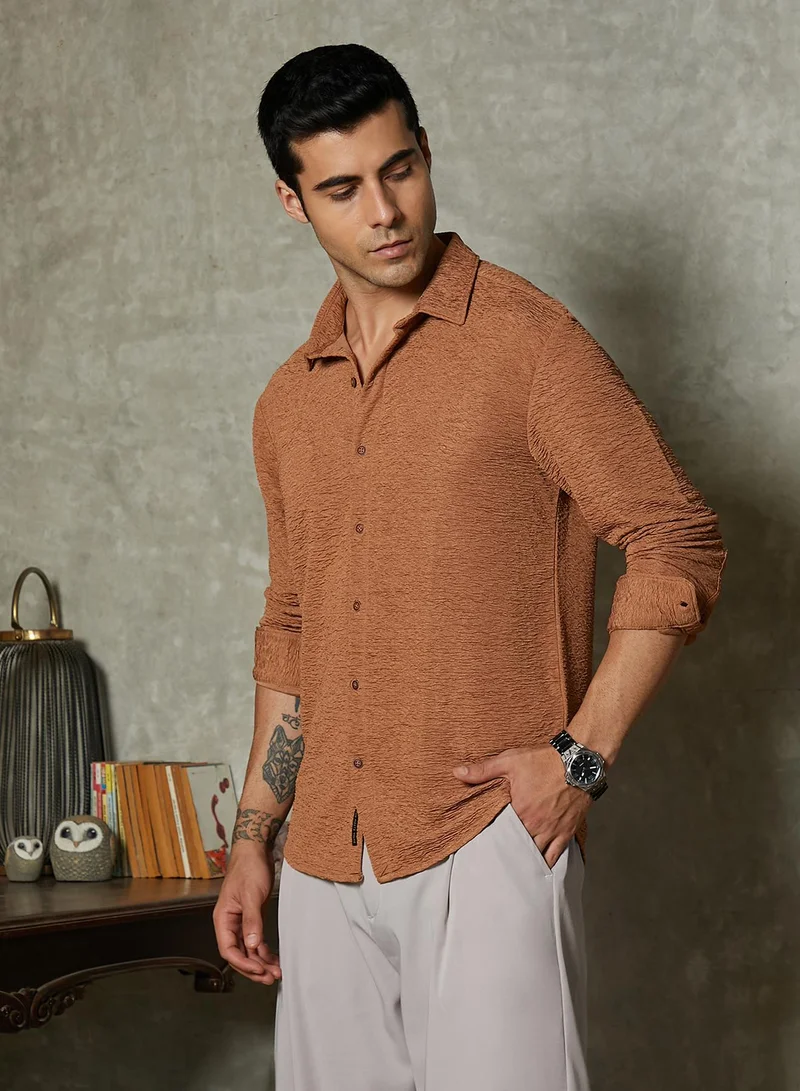 Campus Sutra Campus Sutra Men's Mocha Brown Surf-Tactile Shirt For Casual Wear | Spread Collar | Long Cuffed Sleeves | Button Closure | Shirt Crafted With Comfort Fit For Everyday Wear