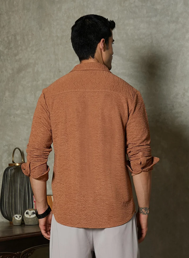 Campus Sutra Campus Sutra Men's Mocha Brown Surf-Tactile Shirt For Casual Wear | Spread Collar | Long Cuffed Sleeves | Button Closure | Shirt Crafted With Comfort Fit For Everyday Wear