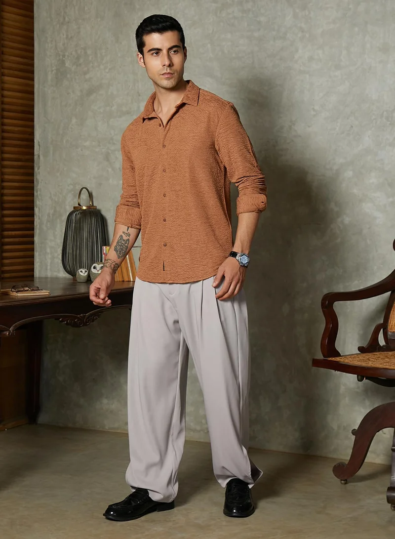 Campus Sutra Campus Sutra Men's Mocha Brown Surf-Tactile Shirt For Casual Wear | Spread Collar | Long Cuffed Sleeves | Button Closure | Shirt Crafted With Comfort Fit For Everyday Wear