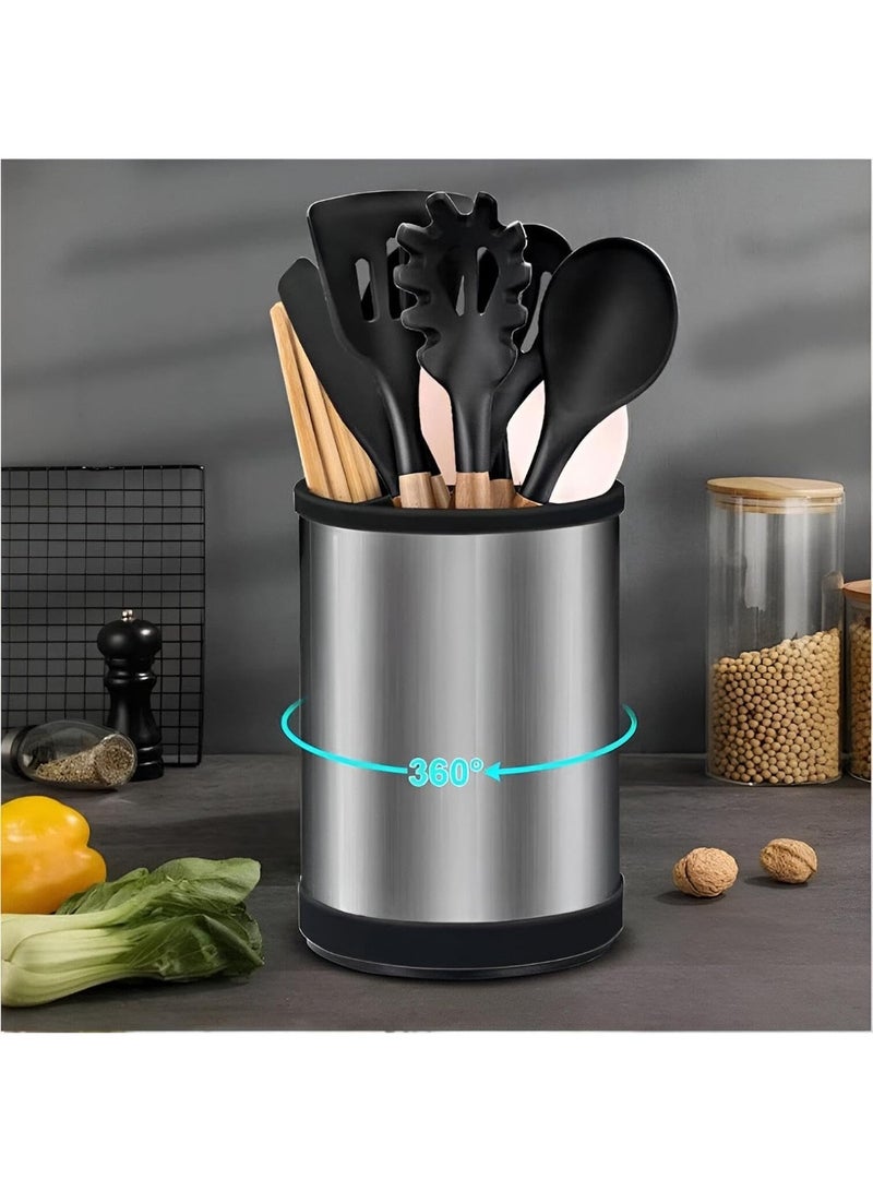 QSHOP Stainless Steel Kitchen Utensil Holder, Large Utensil Holder with Non-Slip Base, Stainless Steel Utensil Holder, Large Capacity Spoon Holder, Cutlery Bowl - Image 2