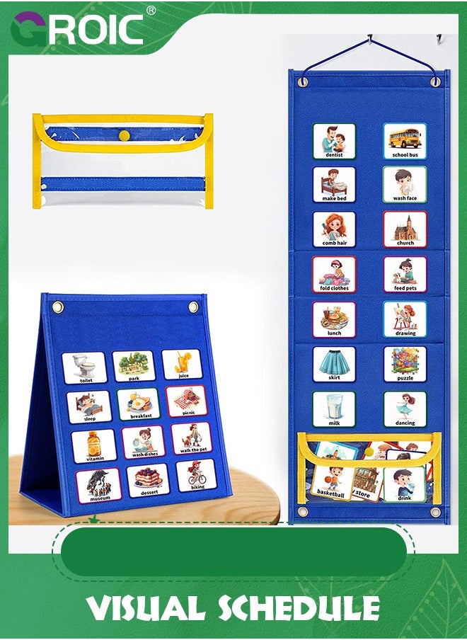 GROIC Kids Visual Schedule Calendar Chart, 2 in 1 Autism Daily Chore Routine Chart With 96 Cards,Kids Visual Behavioral Tool Wall Planner for Home,Morning Bedtime Routine Chart for Toddlers  - Image 1
