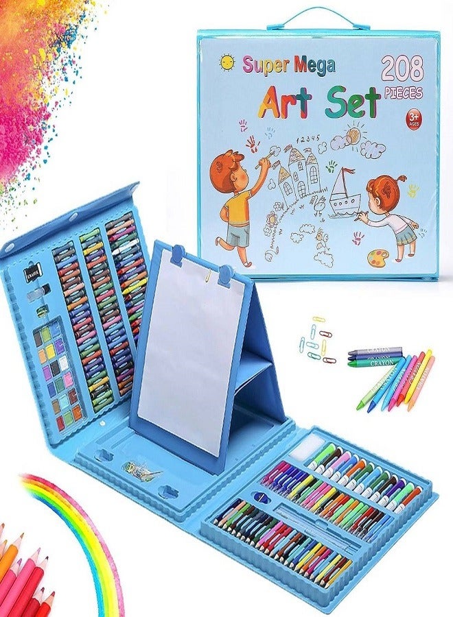 Super Mega 208 PCS Art Supplies, Super Mega Drawing Art Kit for Kids Adults Art Set with Double Sided Trifold Easel, Oil Pastels, Crayons(Blue) - Image 1