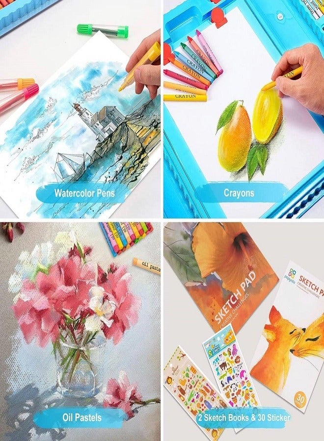 Super Mega 208 PCS Art Supplies, Super Mega Drawing Art Kit for Kids Adults Art Set with Double Sided Trifold Easel, Oil Pastels, Crayons(Blue) - Image 4
