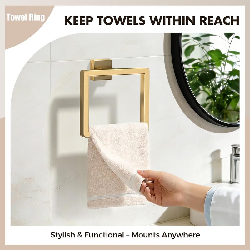PAHSFS Bathroom Accessory Towel Bar Set: 5 Pieces Gold Bathroom Hardware Square SUS304 Stainless Steel - Wall Mounted Towel Rack&Toilet Paper Holder&Towel Ring and Towel Hook - Image 3
