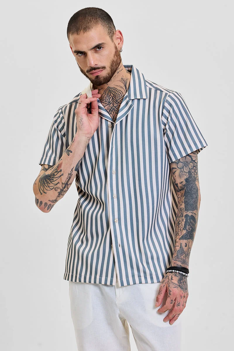 سنيتش Green Striped Half Sleeve Boxy Casual Shirt
