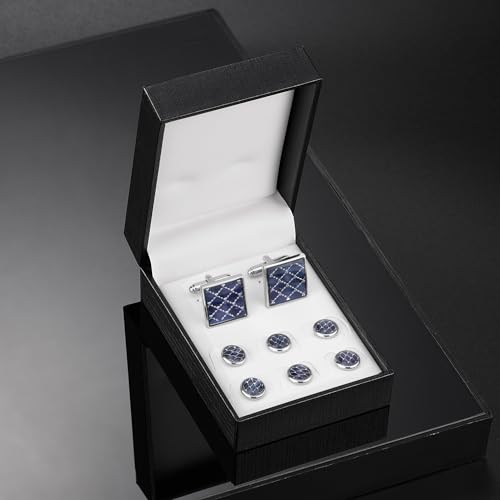 UJOY Cufflinks and Tuxedo Studs Set Navy Blue Fashion Accessories for Men in Gift Box - Image 4