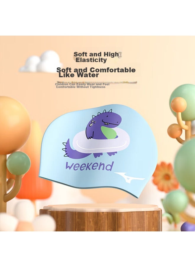Mizuno Children's Swim Cap For Boys, Silicone, Non-binding, Cute, Professional, Waterproof, Ear-protecting, Printed Swimming Cap N2cw2s08 Blue Dinosaur - Image 1