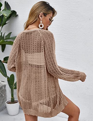 XuBa Women Crochet Lightweight Cardigan Cover Up Open Front Long Sleeve Summer Cardigans Camel - Image 4