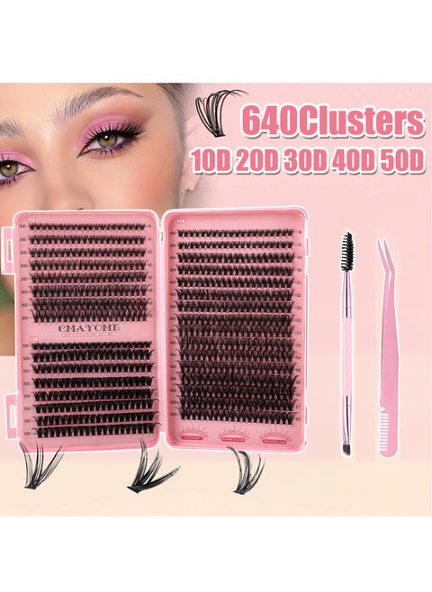Thick false eyelashes 30D+40D+50D single cluster hair 8-18mm, 640 clusters large capacity eyelash book, curled thick mixed false eyelashes, including tweezers and brush
