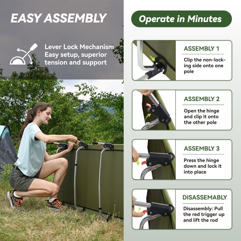 MARCHWAY Lightweight Folding Tent Camping Cot Bed with Lever Lock, Easy Setup Portable Compact for Outdoor Travel, Hunting, Hiking, Motorcycling, Support 330Lbs (Army Green) - Image 5
