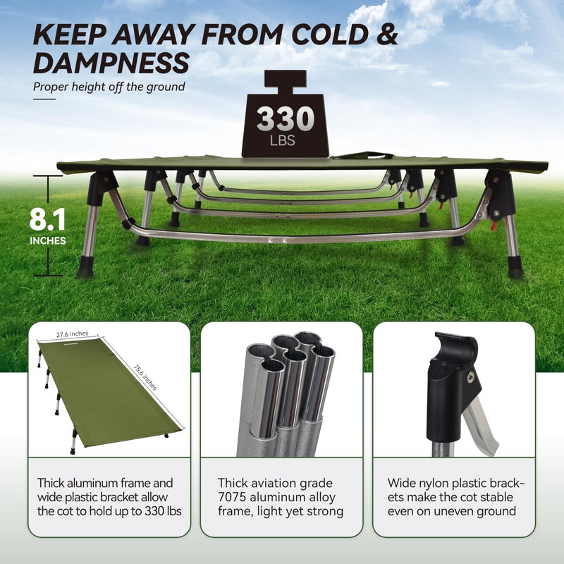 MARCHWAY Lightweight Folding Tent Camping Cot Bed with Lever Lock, Easy Setup Portable Compact for Outdoor Travel, Hunting, Hiking, Motorcycling, Support 330Lbs (Army Green) - Image 3