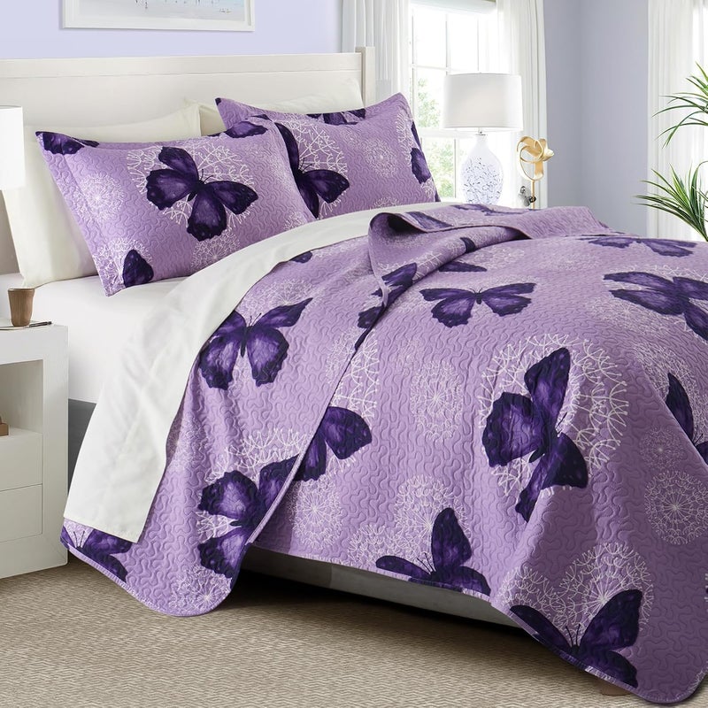 ARTALL 3-Piece Butterfly Printed Quilt Set Soft Microfiber Lightweight Bedspread Coverlet Throw Blanket with 2 Pillow Shams All Season for Adults Teens Girls, Purple, Full/Queen - Image 1