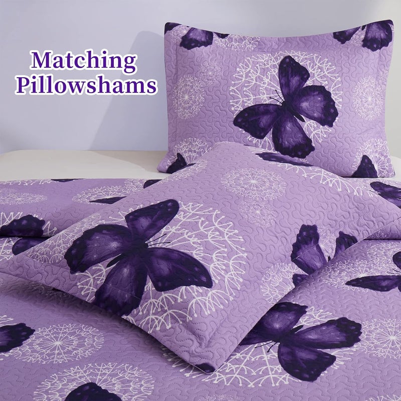 ARTALL 3-Piece Butterfly Printed Quilt Set Soft Microfiber Lightweight Bedspread Coverlet Throw Blanket with 2 Pillow Shams All Season for Adults Teens Girls, Purple, Full/Queen - Image 5