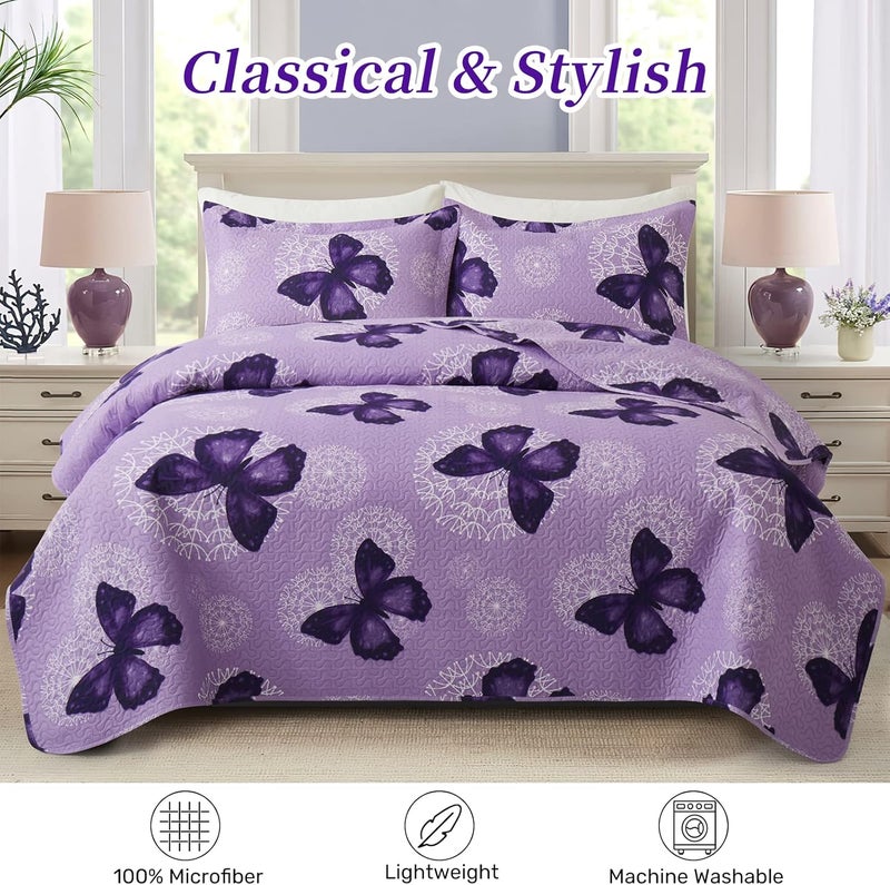 ARTALL 3-Piece Butterfly Printed Quilt Set Soft Microfiber Lightweight Bedspread Coverlet Throw Blanket with 2 Pillow Shams All Season for Adults Teens Girls, Purple, Full/Queen - Image 2