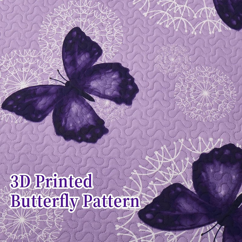 ARTALL 3-Piece Butterfly Printed Quilt Set Soft Microfiber Lightweight Bedspread Coverlet Throw Blanket with 2 Pillow Shams All Season for Adults Teens Girls, Purple, Full/Queen - Image 4
