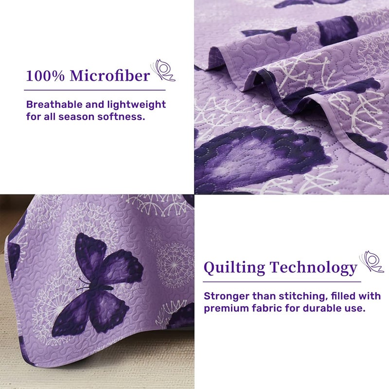 ARTALL 3-Piece Butterfly Printed Quilt Set Soft Microfiber Lightweight Bedspread Coverlet Throw Blanket with 2 Pillow Shams All Season for Adults Teens Girls, Purple, Full/Queen - Image 3