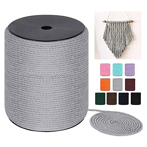 HOMEBOBO Macrame Cord 4mm x 240Yards (722Feet), Colored Natural Cotton Macrame Rope - 3 Strands Twisted Colorful Macrame Cotton Cord for Wall Hanging, Plant Hangers, Gift Wrapping and Wedding Decorations, Gray - Image 1