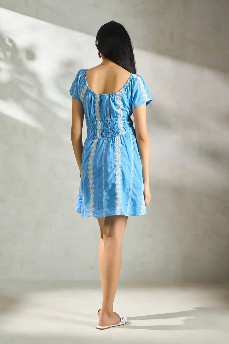 Virgio Virgio Print Embroidered Round Neck Fit & Flare Dress