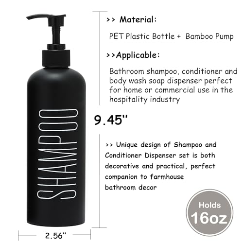 HOMCDALY Black Shampoo and Conditioner Dispenser, 16oz 3-Pack Refillable Pump Bottles, Shampoo Conditioner Body Wash Dispensers Bottles, Bathroom Shower Dispenser (Black-2 - Image 3
