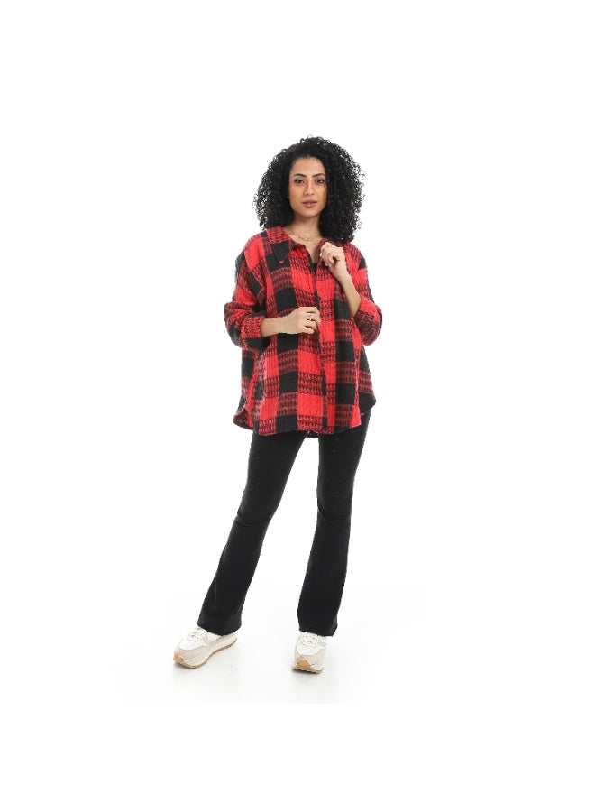 سيزار شيميز حريمي كارو مزود بياقة وزراير من الأمام - Image 4