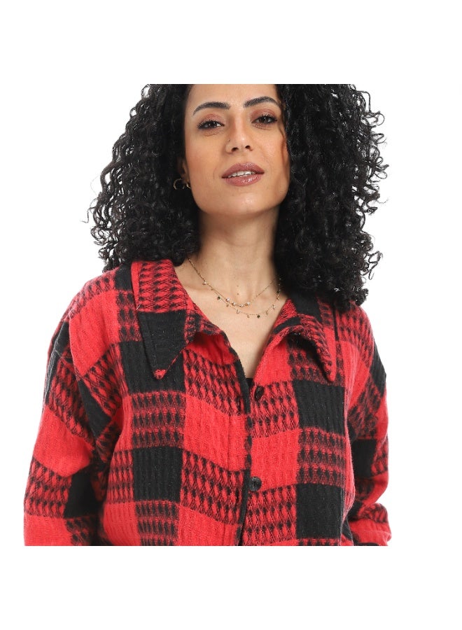 سيزار شيميز حريمي كارو مزود بياقة وزراير من الأمام - Image 5