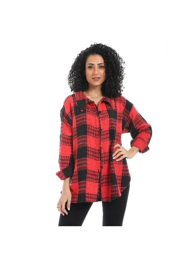 سيزار شيميز حريمي كارو مزود بياقة وزراير من الأمام - Image 1