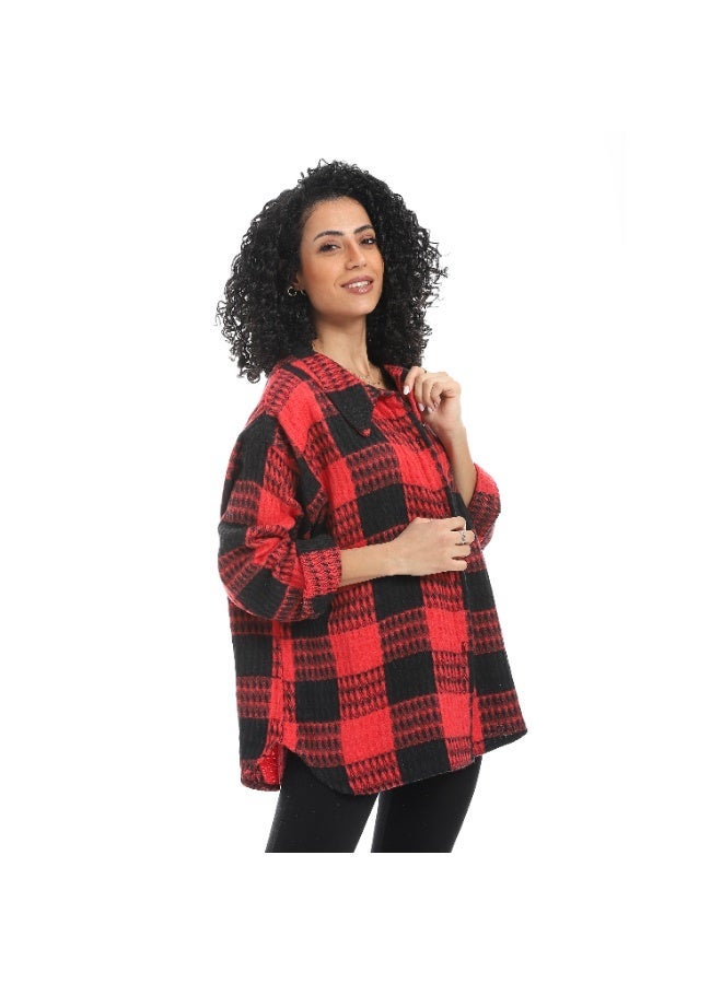 سيزار شيميز حريمي كارو مزود بياقة وزراير من الأمام - Image 2