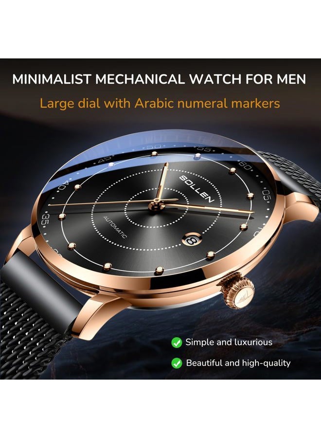 SOLLEN Men's Minimalist Automatic Watch, Imported Mechanical Movement - 3ATM Waterproof - Luminous Hands and Stainless Steel Case, Luxury Self-Winding Men's Wrist Watches with Calendar, Gifts for Men - Image 4