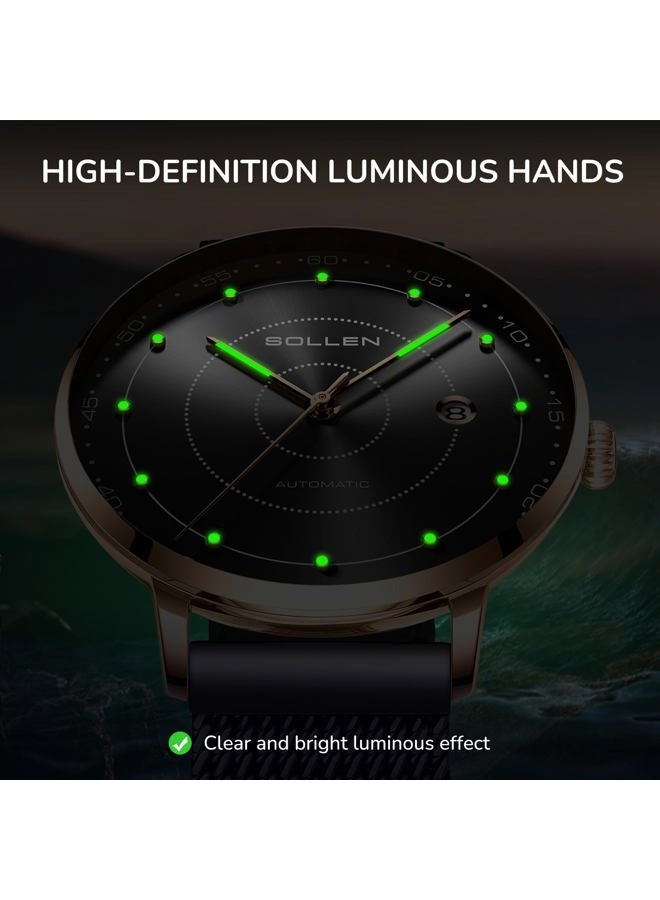 SOLLEN Men's Minimalist Automatic Watch, Imported Mechanical Movement - 3ATM Waterproof - Luminous Hands and Stainless Steel Case, Luxury Self-Winding Men's Wrist Watches with Calendar, Gifts for Men - Image 5