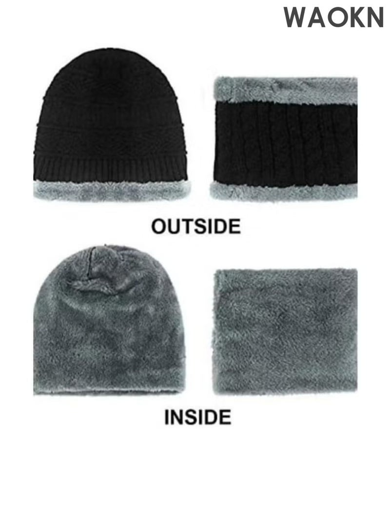 WAOKN 2-Pieces Winter Beanie Hat Scarf Set Warm Knit Hat , Fashionable and versatile , Warm ear protection hat with neck cover and woolen hat , neck protection , warm , windproof , lined and thickened , unisex , black. - Image 4