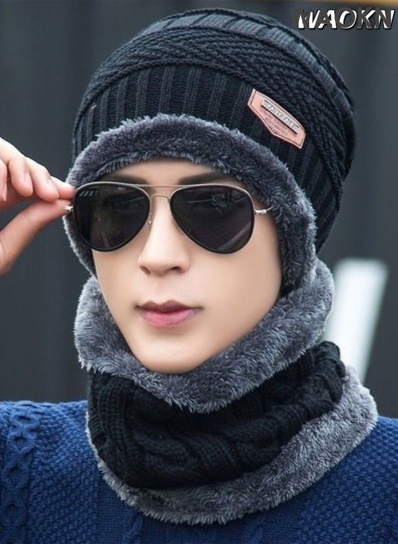 WAOKN 2-Pieces Winter Beanie Hat Scarf Set Warm Knit Hat , Fashionable and versatile , Warm ear protection hat with neck cover and woolen hat , neck protection , warm , windproof , lined and thickened , unisex , black. - Image 3