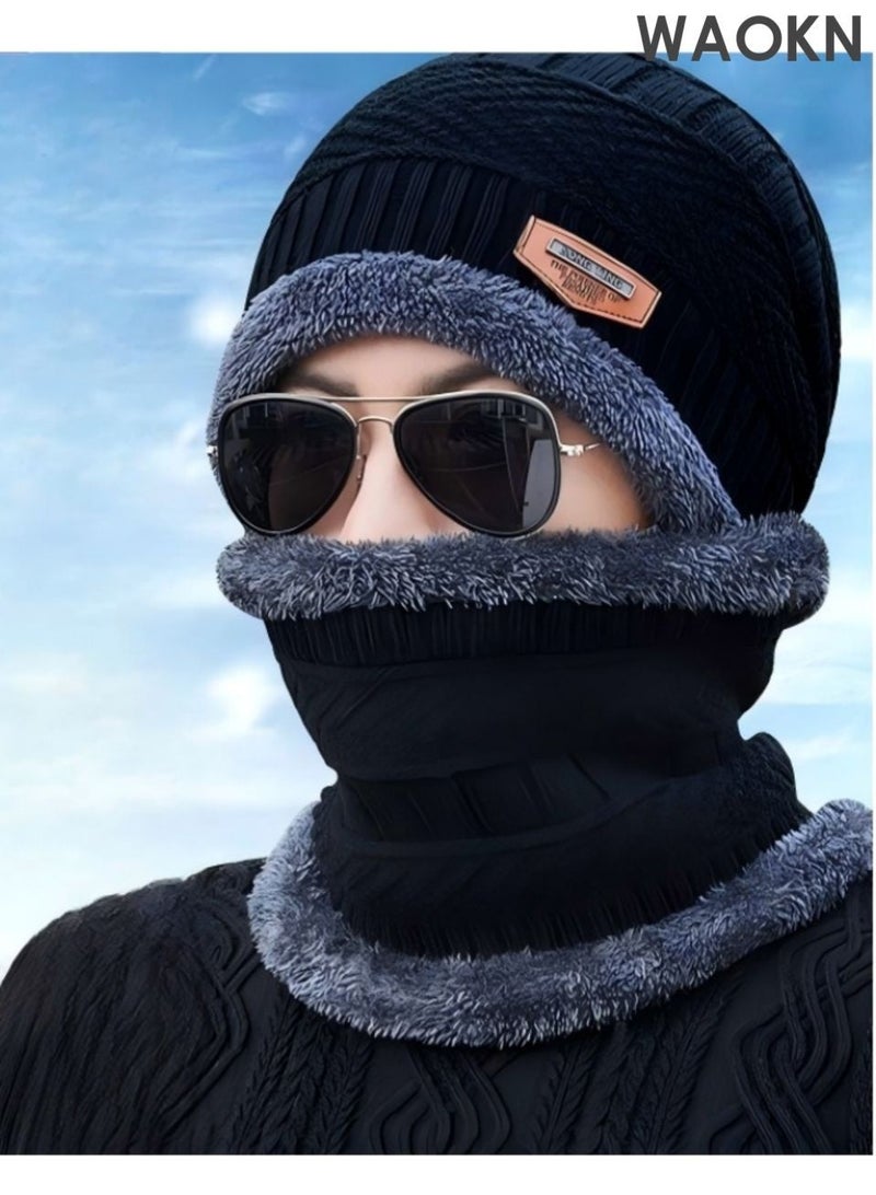 WAOKN 2-Pieces Winter Beanie Hat Scarf Set Warm Knit Hat , Fashionable and versatile , Warm ear protection hat with neck cover and woolen hat , neck protection , warm , windproof , lined and thickened , unisex , black. - Image 2