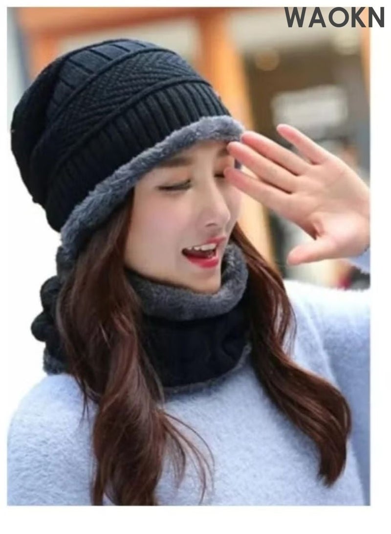WAOKN 2-Pieces Winter Beanie Hat Scarf Set Warm Knit Hat , Fashionable and versatile , Warm ear protection hat with neck cover and woolen hat , neck protection , warm , windproof , lined and thickened , unisex , black. - Image 5