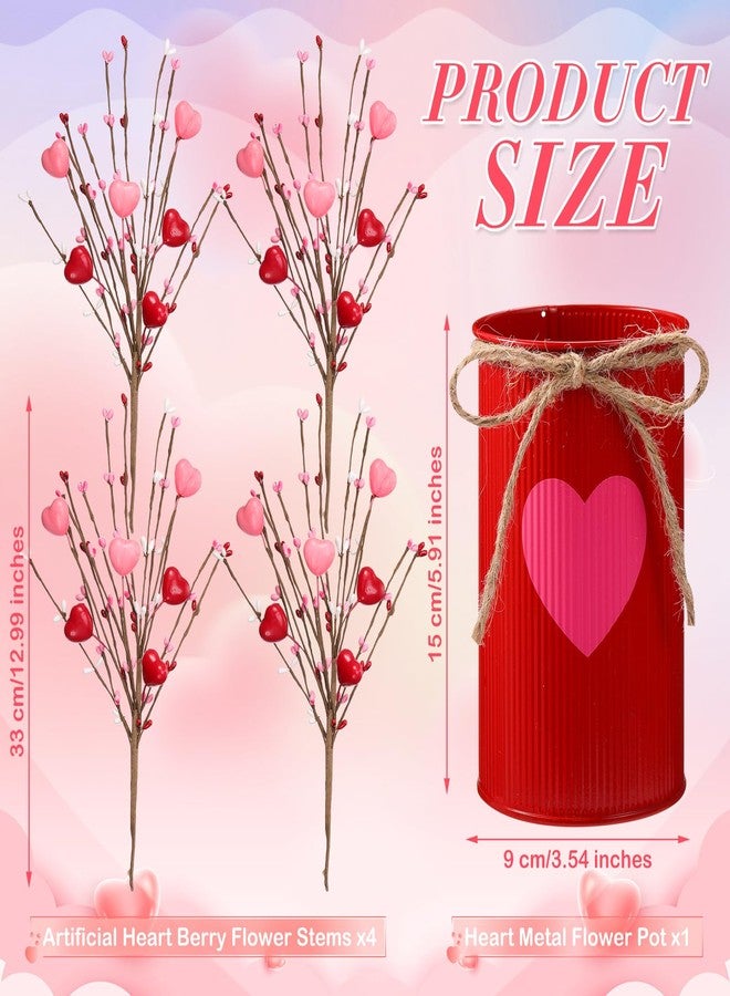 SiliFine زينة طاولة عيد الحب من سيليفاين، أغصان زهور اصطناعية رومانسية على شكل قلب مع أغصان توت وأواني معدنية لحفلات الزفاف والفنادق والمكاتب والمنازل (أحمر ووردي) - Image 3