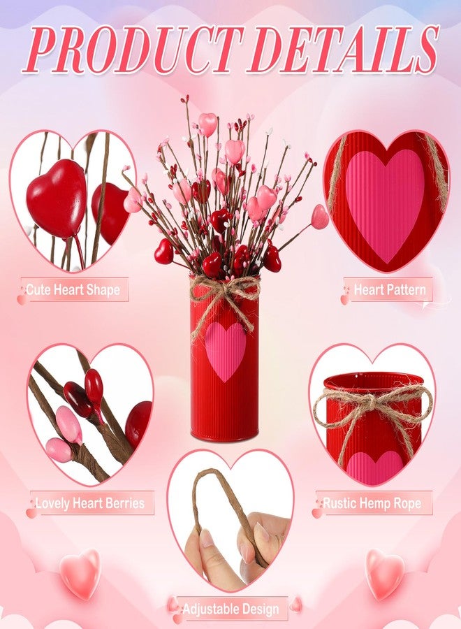 SiliFine زينة طاولة عيد الحب من سيليفاين، أغصان زهور اصطناعية رومانسية على شكل قلب مع أغصان توت وأواني معدنية لحفلات الزفاف والفنادق والمكاتب والمنازل (أحمر ووردي) - Image 4