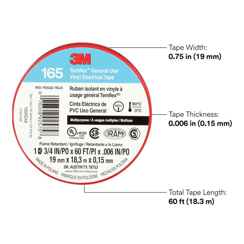 3M Temflex Multi-Purpose Vinyl Electrical Tape 165, Red, 3/4 in x 60 ft (19 mm x 18 m), 10 Roll Pack - Image 2