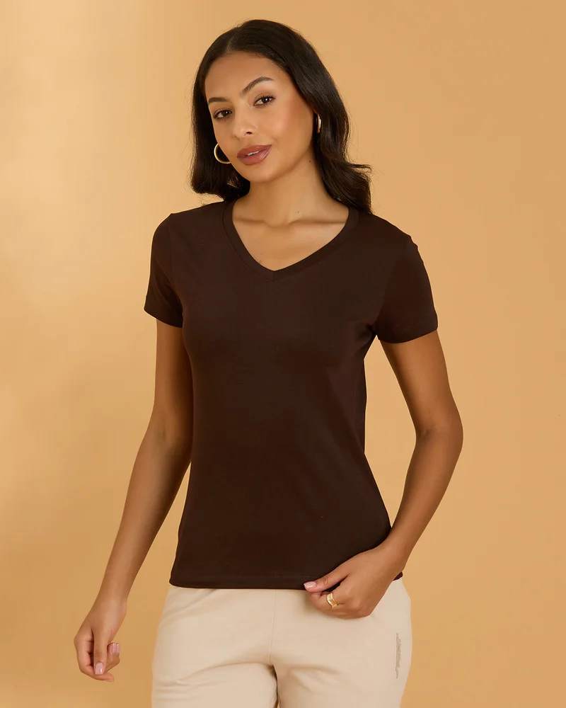 ردتاغ Women Brown V Neck T Shirt