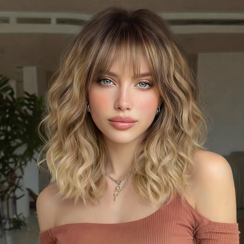Lativ Blonde Wig With Bangs Short Wavy Curly Ombre Wig with Dark Roots Synthetic Heat Resistant Bob Wigs for Women Daily Party Use 14 Inches - Image 2