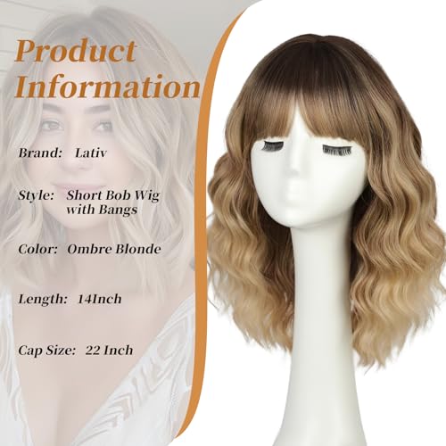 Lativ Blonde Wig With Bangs Short Wavy Curly Ombre Wig with Dark Roots Synthetic Heat Resistant Bob Wigs for Women Daily Party Use 14 Inches - Image 3