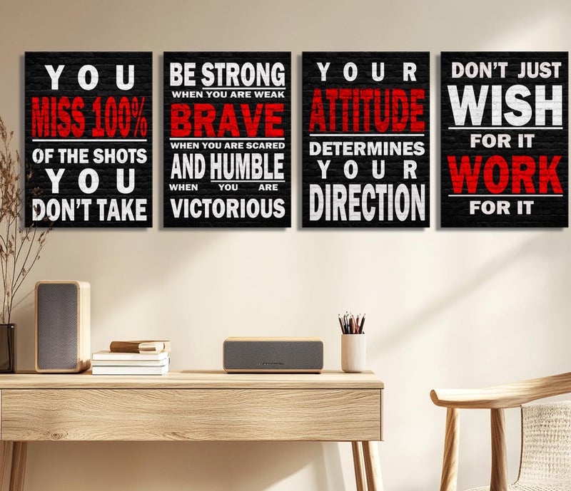 Inspirational Wall Art Poster Quote Motivational Wall Art for Office Living Room Bedroom Gym Black and White Red Positive Quotes Funny Office Wall Decor Sign 4 pieces