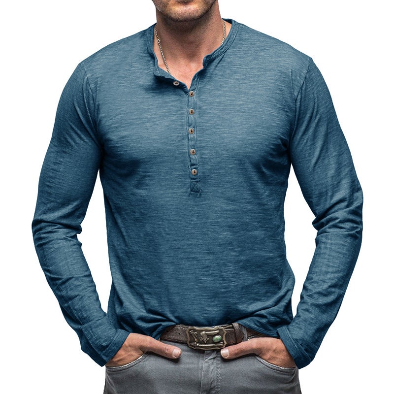 2024 Autumn and Winter Men''s Wear Foreign Trade Men''s Long-sleeved T-shirt Outdoor and Men''s Henry Shirt Slub Cotton Top - Image 3