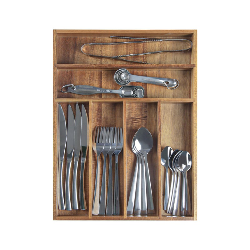 KITEISCAT Acacia Wood Silverware Organizer, Kitchen Utensil Drawer Organizer for Forks, Knives & Spoons, 6-Compartment Cutlery Tray, Flatware Holder - Image 4