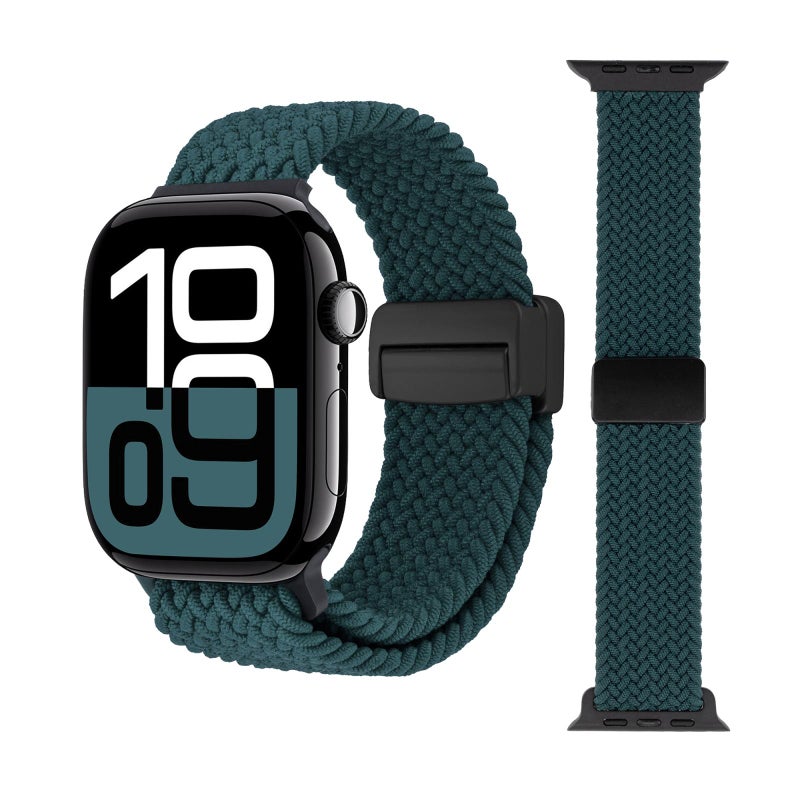 For Apple Watch 46mm / 49mm / 45mm / 44mm Magnetic Buckle Loop Woven Watch Band(Jungle Green)