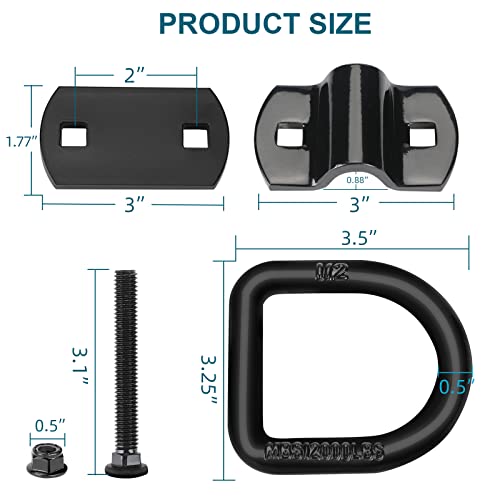 Eapele 1/2" D Rings Tie Down Anchors,Heavy Duty Steel Breaking Strength 12000 lbs, Surface Mount Hooks for Securing Cargo on Trailer, Trucks with Screws and Bolts(4PCS) - Image 3