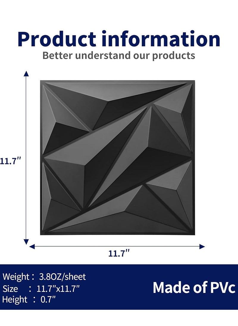 EzzySo - 12 Pices 3D Wall Panel 3D Texture PVC Wallpaper Diamond Design Decorative Wall Cover For Living Room Lobby Bedroom Office Each PVC 30x30cm Black - Image 1