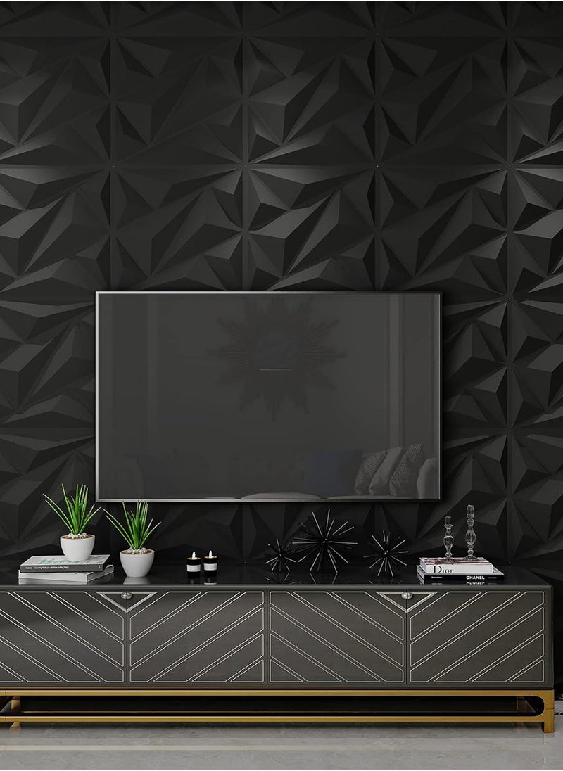 EzzySo - 12 Pices 3D Wall Panel 3D Texture PVC Wallpaper Diamond Design Decorative Wall Cover For Living Room Lobby Bedroom Office Each PVC 30x30cm Black - Image 1