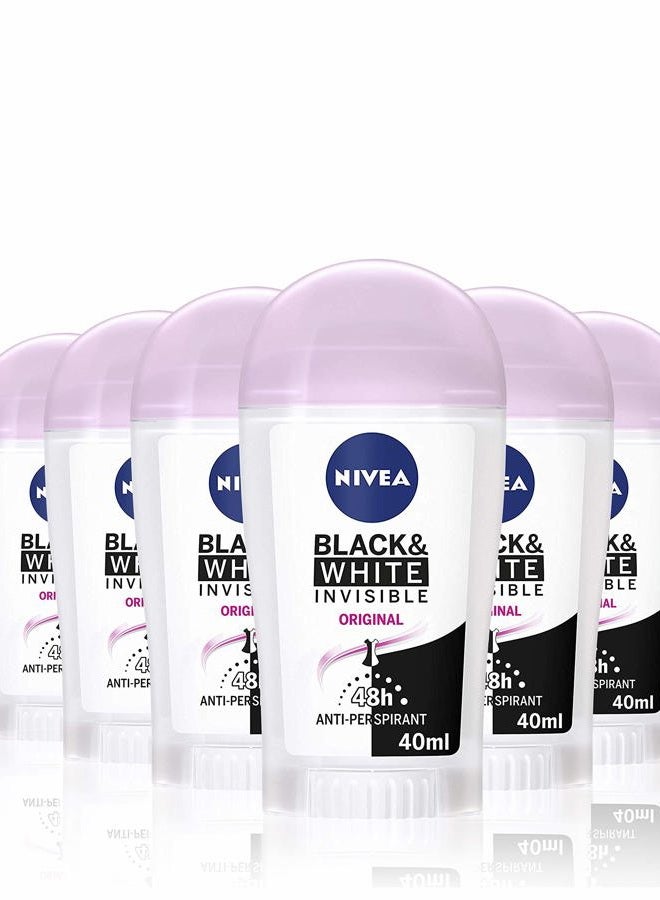 Nivea Black & White Invisible Original Anti-Perspirant Deodorant Stick Pack of 6 (6 x 40ml), 48hr Deodorant for Women, Anti-Stain Women's Anti-Perspirant Stick - Image 1