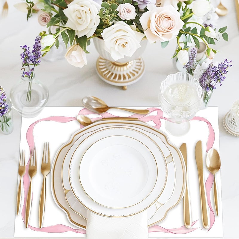 JarThenaAMCS 50 ورقة مفرش طاولة وردي مزين بعقدة قوس جميلة مفرش طاولة قابل للتخلص لحفلة توديع العزوبية 14 × 10 بوصة - Image 5