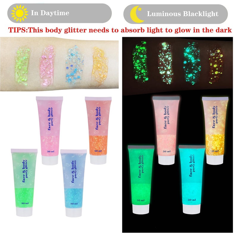 MEICOLY Neon Blue Body Glitter Gel,UV Blacklight Chunky Face Glitter Gel,Glow in The Dark Glitter Paint,Singer Concert Music Festival Party Rave Accessories,Halloween Glitter Makeup for Women,50ml - Image 4