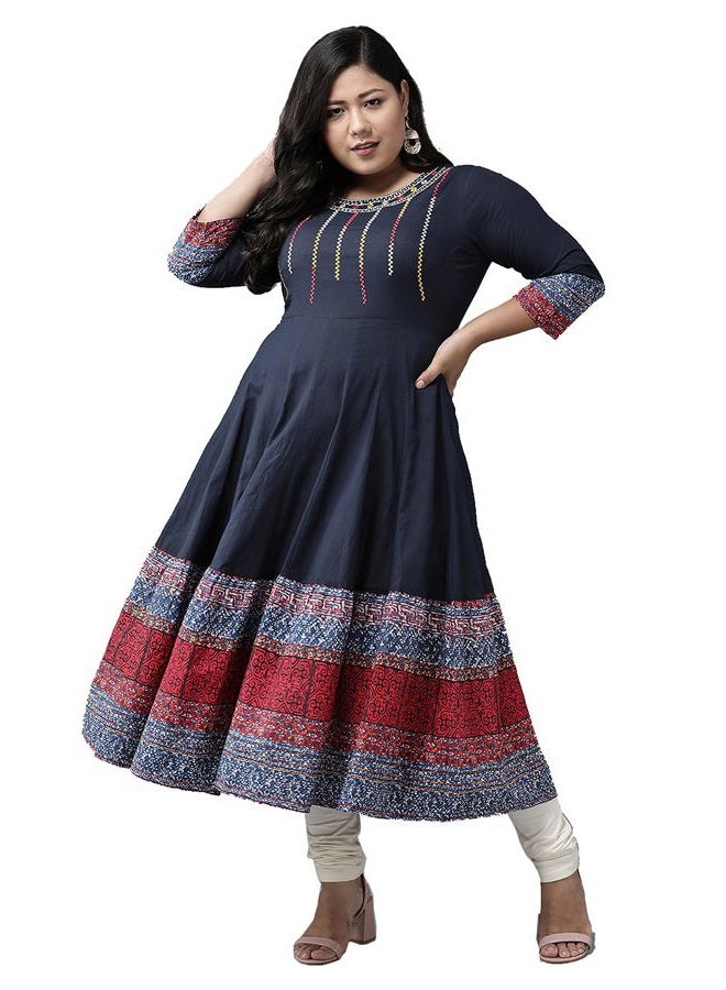Yash Gallery Women's Cotton Embroidered 3/4 Sleeve Round Neck Indian Anarkali Kurta (Large, Blue) - Image 1